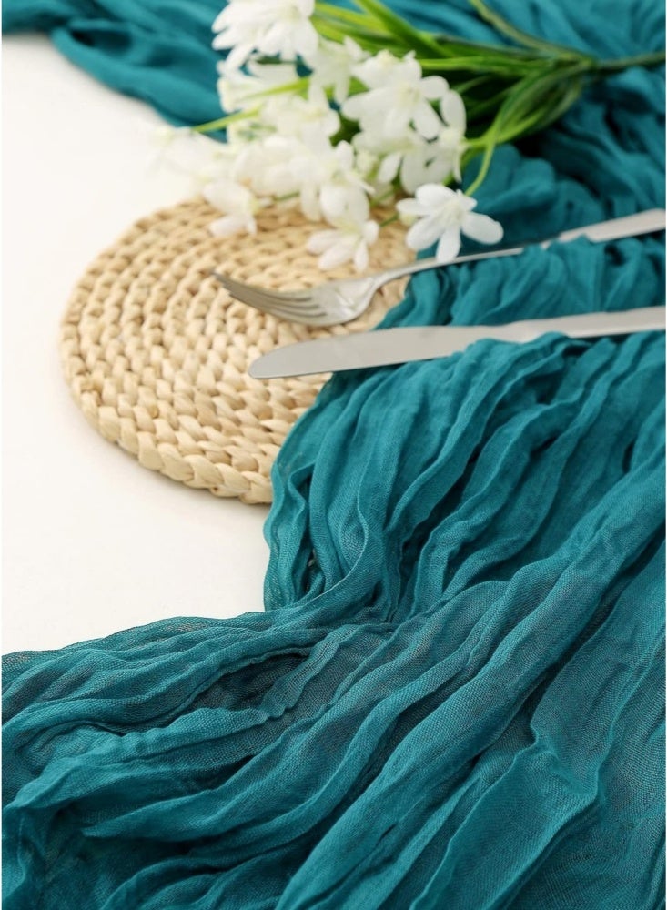 300×90cm Cheesecloth Table Runner Pleated Gauze Sheer Tablecloth for Wedding Party Bridal & Baby Shower Rustic Boho Farmhouse Table Decor Long Sand Table Flag for Reception & Events(Cyan） - Image 1